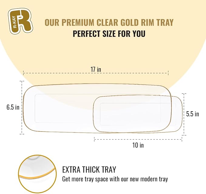 R-kay 4 Pack Plastic Serving Trays For Party - Gold Serving Tray 17 by 6.5 Inch - Heavy Duty Clear Trays For Food - Long Party Serving Trays For Entertaining - Clear Platters