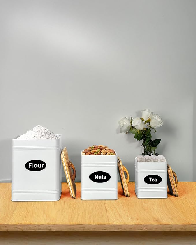Kitchen Canister Set of 3 - Large 7 Qt Flour and Sugar Containers Airtight - White Metal Food Storage Jars with Bamboo Lids, Iron Spoon & Erasable Magnetic Labels, Farmhouse Decor for Pantry