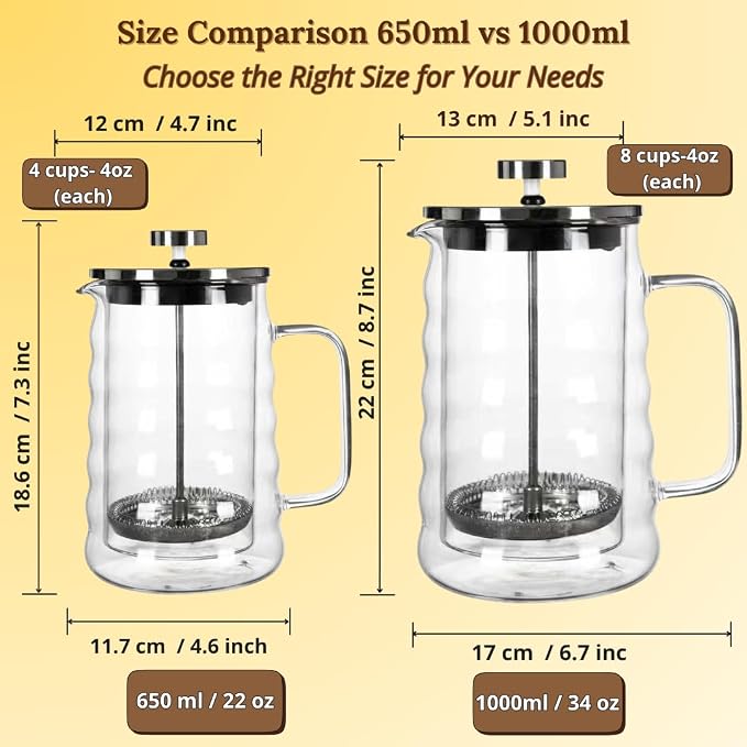 Glass French Press Coffee Maker, Heat Resistant Borosilicate Glass (34oz Wavy)
