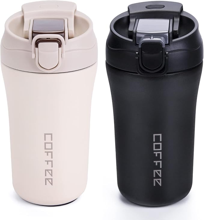14 oz Travel Coffee Mug, 2 Pack Vacuum Insulated Stainless Steel Tumbler | Spill proof coffee travel mug with lid & straw for hot & cold drinks. Great gift for men & women (Black White)