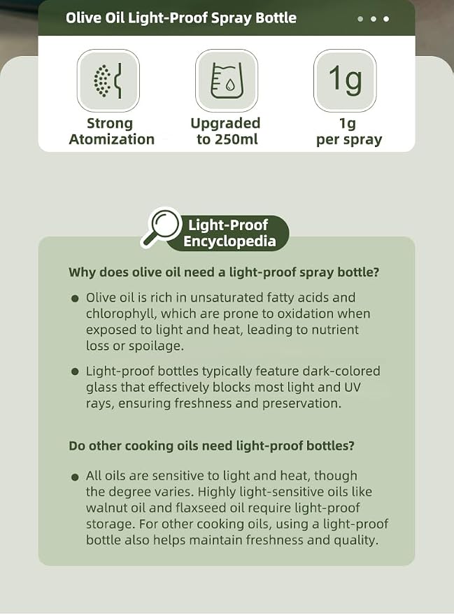 Light-Proof Glass Oil Sprayer For Cooking Air Fryer Salad BBQ,250ml Olive Oil (2)