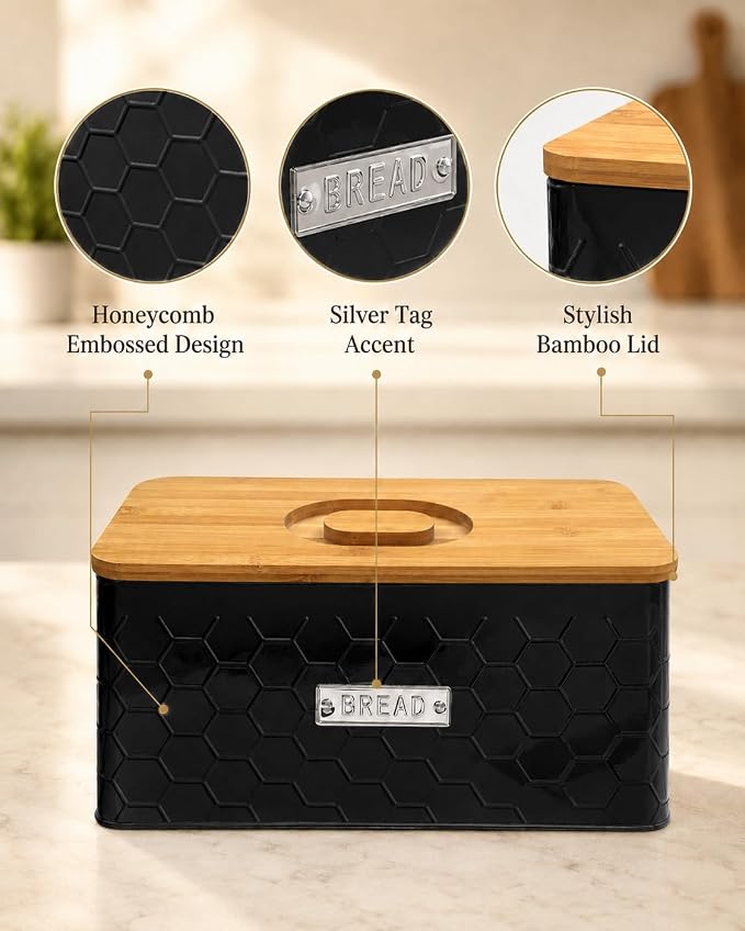 Bread Box for Countertop, Small Black Metal Bin with Bamboo Lid | Small farmhouse bread storage container and bread bin with cutting board lid for homemade bread and baked goods organization.