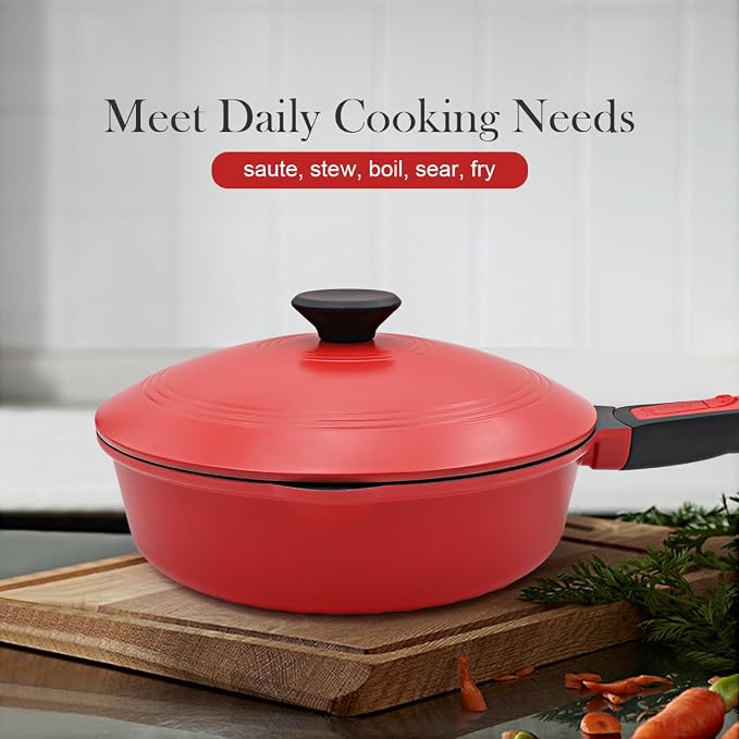 12 Inch Nonstick Deep Frying Pan Skillet with Lid, 5 Qt Large Saute Pan,Red | Detachable Handle, Suitable for All Stoves, Including Induction, PTFE & PFAS & PFOA Free, Oven Safe
