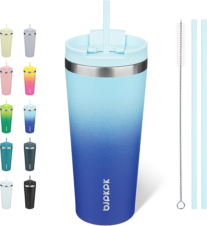 BJPKPK 22 oz Coffee Tumbler with Straw, Insulated Stainless Steel Cup | Double Wall Vacuum, Leak Proof Lid, Keeps Hot/Cold/Iced, BPA Free, Dishwasher Safe, Cupholder Friendly, Travel, Sky