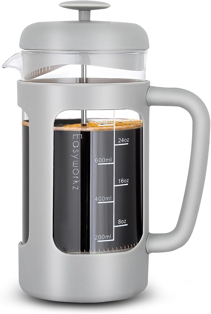 Easyworkz French Press 34 oz Coffee Tea Maker with Borosilicate Glass,Soft Grip Handle,Light Grey