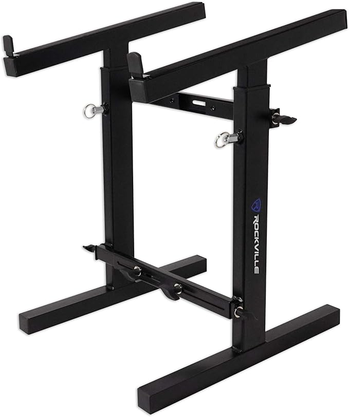 Rockville RXS20 Portable Mixer Stand - Folds Flat - Adjustable Height & Width! | Heavy Duty, 300 lb Capacity, All-Steel, Collapsible, Universal, Soft Padding, Rubber Feet, Fits DJ Controllers and Keyboards