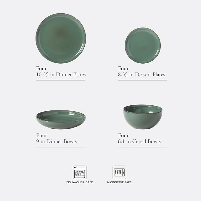 Gibson Elite Beckett Stoneware Matte Reactive Glaze 16 Piece (Service for 4) Plates and Bowls Dinnerware Set - Green