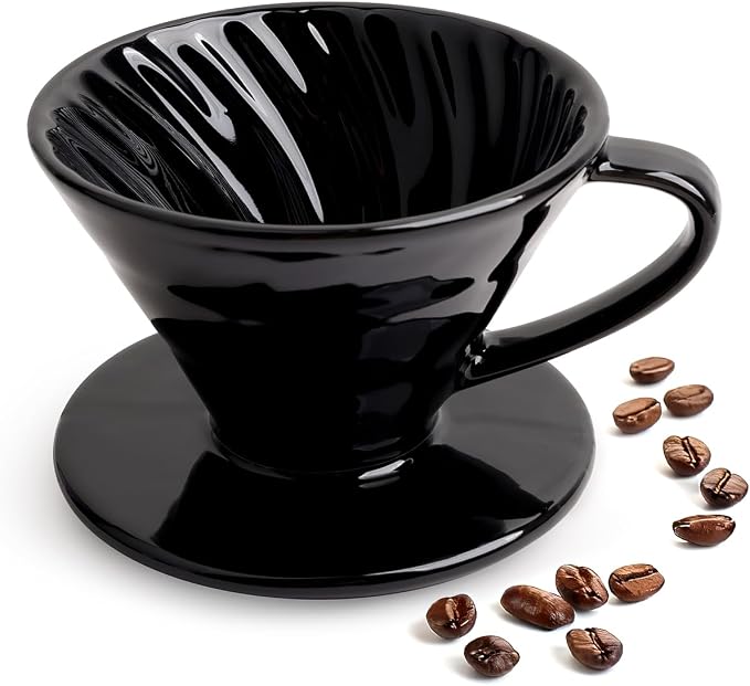 Pour Over Coffee Maker, Single Cup Ceramic Coffee Dripper, Reusable Filter Cone Drip Holder Slow Brewer with Hole Flat Bottom for Home, Office, Travel, Camping (Black)