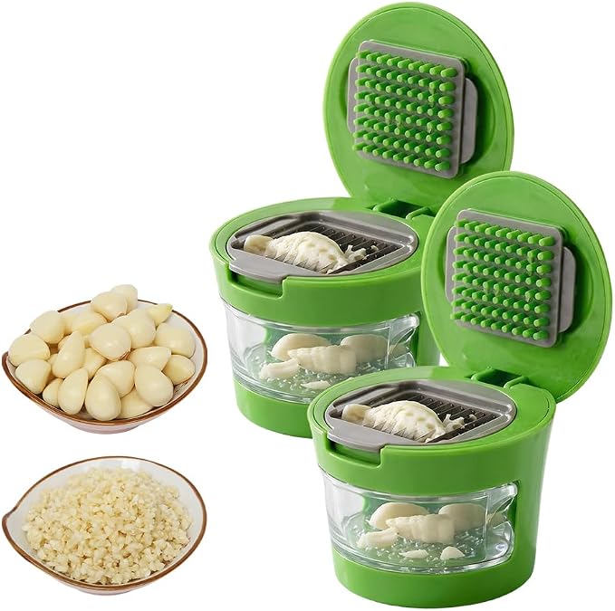 Garlic Mincer and Garlic Chopper, Manual Garlic Crusher and Masher with Stainless Steel Blades, Mini Garlic Grinder for Garlic, Ginger, Herbs, Nuts and Vegetables, 2PC