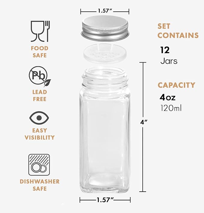ROYALHOUSE 12 Pcs Glass Spice Jars/Bottles - 4oz Empty Square Spice Containers with Spice Labels and Airtight Metal Caps with Shaker Lids