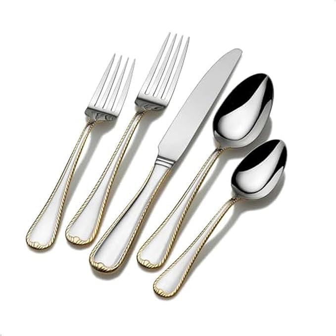 Mikasa Cameo Gold 65-Piece Flatware Set for 12, 18/10 Stainless Steel Silverware with 24-Karat Gold Accents, Teardrop Handles, Dishwasher Safe