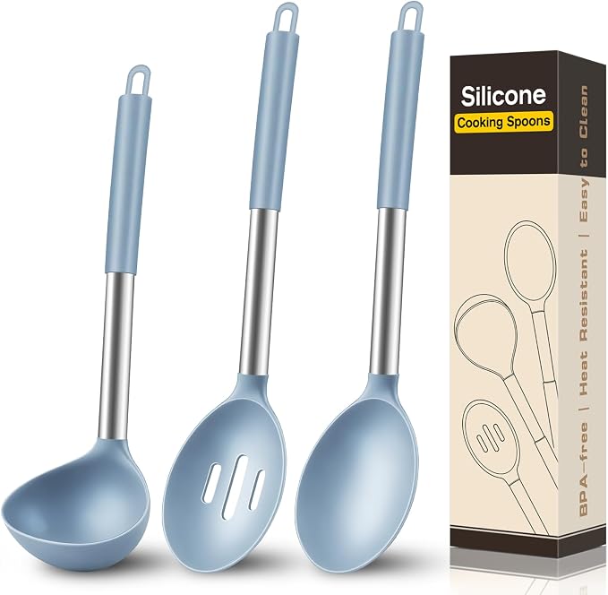 3Pcs Silicone Cooking Spoon Set, Kitchen Utensils Include Solid & Slotted Spoon, Soup Ladle, Food-Grade Heat Resistant 446°F, Non-Scratch Spoons for Serving, Stirring, Draining, Dishwasher Safe, Blue