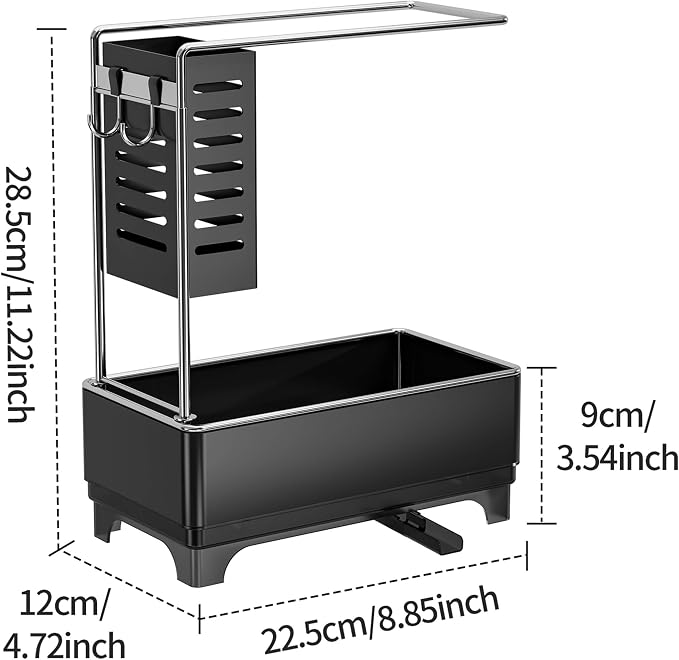 MOUKABAL 2-Tier Sponge Holder for Kitchen Sink, Sink Caddy Organizer Black | Large Capacity/Stainless Steel/Drain Holes Keep Items Dry/Holds Brush & Dishcloth/Side Hooks/Kitchen Counter Organizer