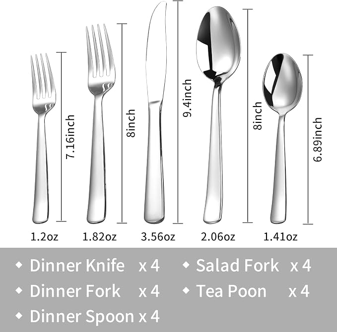 Silverware Set for 4, Prendcyx 20-Piece Heavy Duty Flatware Cutlery Set, 18/0 Food-Grade Stainless Steel Tableware Set, Dishwasher Safe for Home, Restaurant, Wedding, Party, Mirror Polished