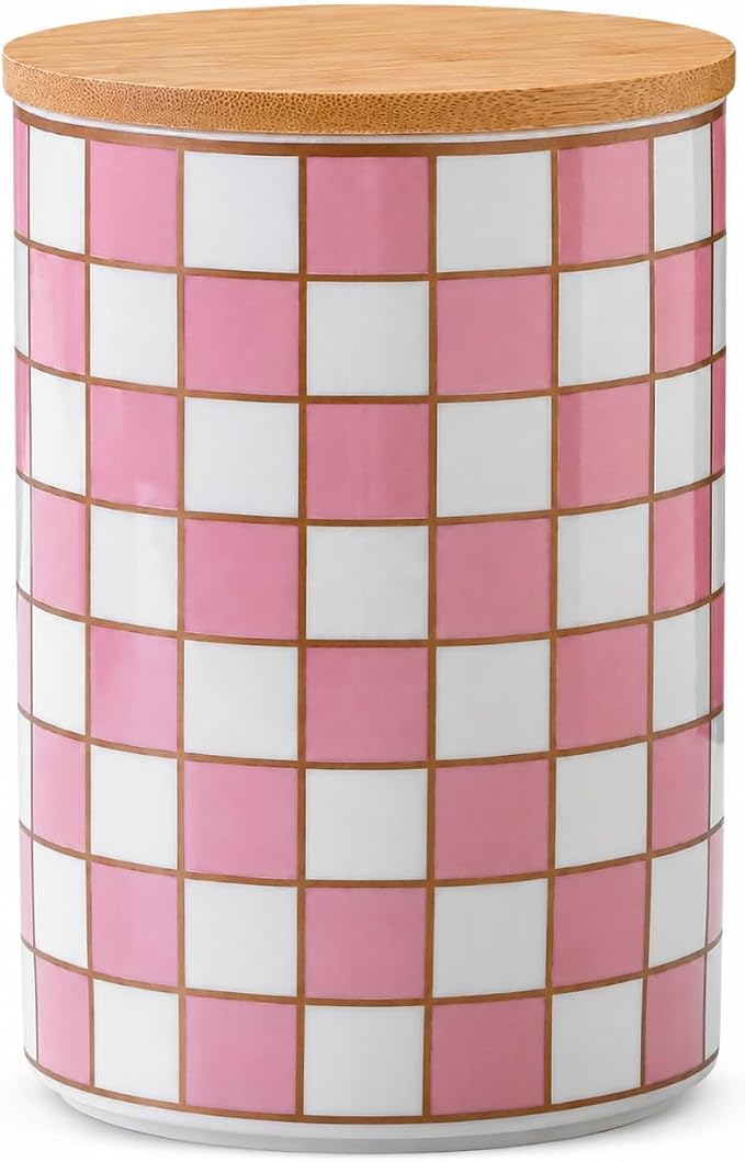 Kitchen Countertop Ceramic Checkered Canisters,Black And White Food Storage Containers With Lid,Airtight Kitchen Canisters for Flour, Sugar, Coffee, Tea, and Dry Goods (Pink, XL)