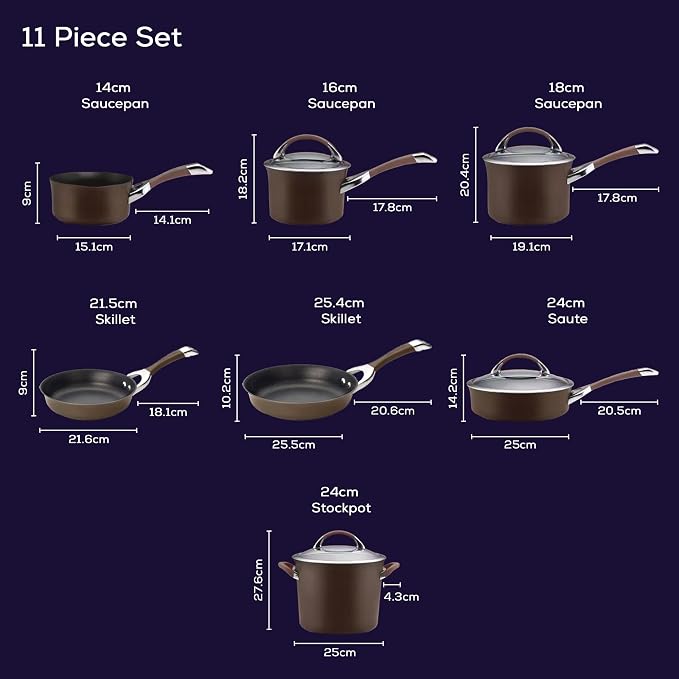 Circulon Symmetry Non Stick Pots and Pans Set, 11-Piece, Chocolate | Hard Anodized Induction Pots and Pans Set, Durable, Dishwasher and Oven Safe to 400°F, Compatible With All Stovetops