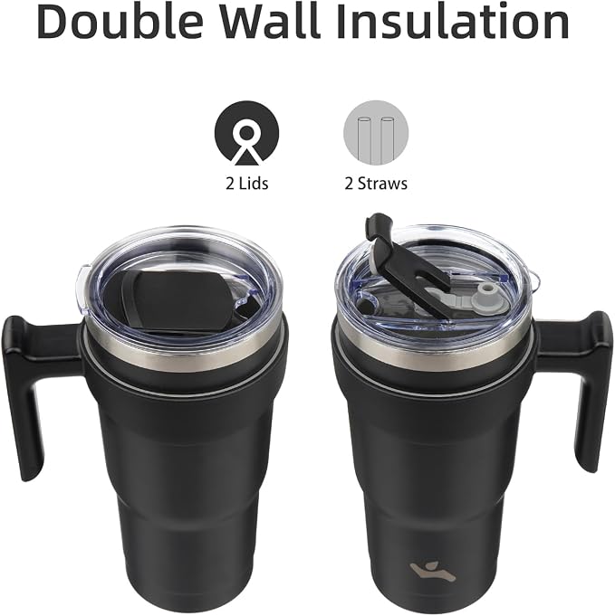 Konokyo 20 oz Tumbler with Handle and Straw, Insulated Travel Mug | Black; BPA-free, leak-proof tumbler with 2 lids, 2 straws, cup holder fit for coffee, office, travel & daily use