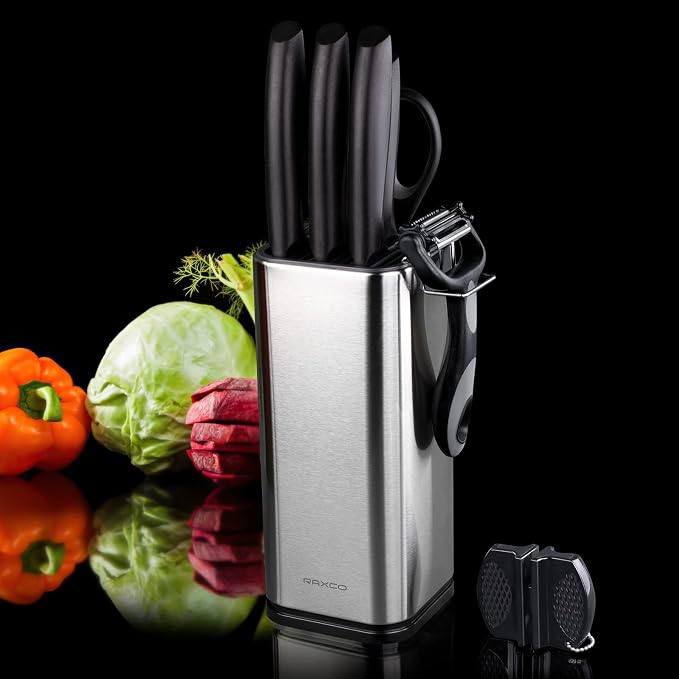 Knife Set,10-Piece Stainless Steel Kitchen Knife Set with Block,Black | Compact Small Countertop Holder,Pro-Sharpened Stainless Steel Chef Knives, Space Saving Knife Set for RV & Apartment