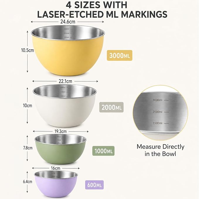 Stainless Steel Mixing Bowls Set of 4, Nesting Metal Bowl Set 0.6/1/2/3 Qt | Assorted Yellow White Purple Green for Food Prep, Baking, Cooking, Serving – Dishwasher Safe