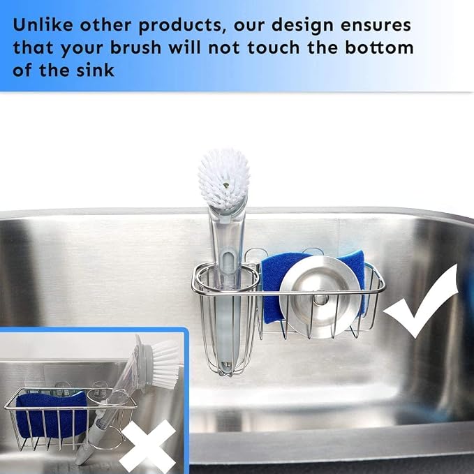 HULISEN Kitchen Sponge Holder, Stainless Steel Sink Caddy with Brush Holder | No-Drill Setup, In-Sink Adhesive Mount, Open Grid Drainage, Sink Strainer, Soap and Scrubber Storage, Rust-Resistant