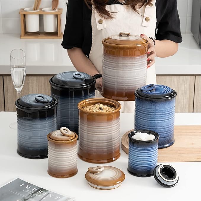 Nihow Food Storage Jar,Ceramic Canister Sets for The Kitchen,Set of 4,Brown | Air Tight Lid,Seal Damp-proof,For Flour/Sugar/Rice/Coffee/Cookies/Candy,Kitchen Counter