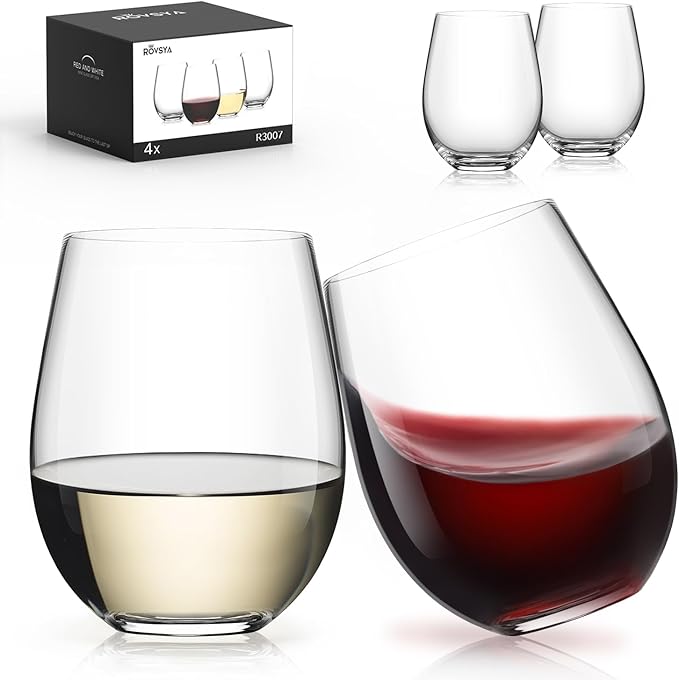 Stemless Wine Glasses Set of 4, 18oz Red White Wine Glass, No Stem | Glassware, Sturdy Drinking Glass, Home Bar, Daily Use, Hosting, Evening Party, Birthdays, Housewarming