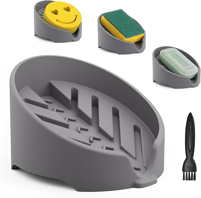 NiHome Silicone Sponge Holder for Kitchen Sink, Fits Scrub Daddy Mommy | Self-Draining Dispenser Organizer Tray, Sink Caddy Countertop Fits Soaps, Scrubber, Dishwasher Safe, Includes Brush