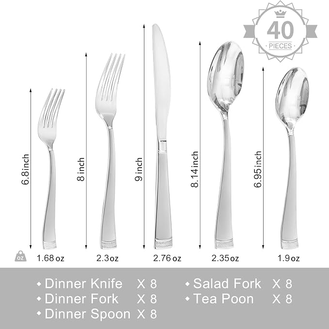 40-Piece Flatware Set, 18/10 Stainless Steel Silverware Set for 8 | Bead Edge Design, Matte Silver Finish, Dishwasher Safe, Elegant Table Setting, Daily Dining & Special Occasions