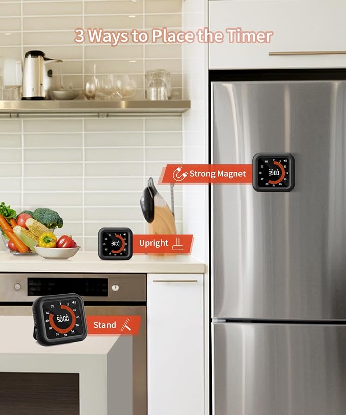Digital Magnetic Visual Kitchen Timer, Up to 11H 59M Countdown & Count Up | USB-C Rechargeable, Large VA Display, Adjustable Volume and Brightness, Memory Recall Function for Kitchen, Classroom, Study