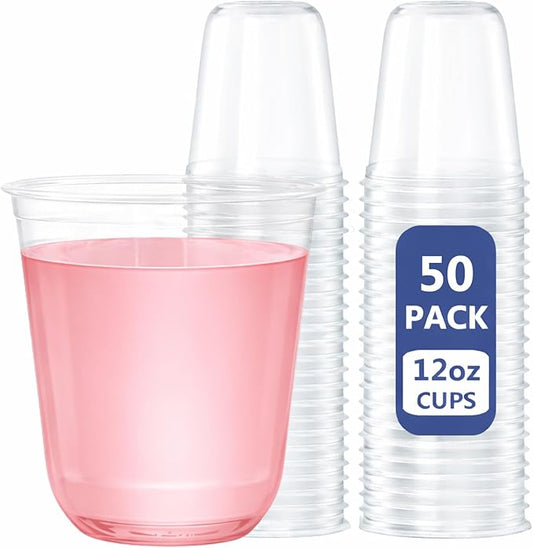 WELLIFE 50 Pcs 12 oz Clear Plastic Cups | Disposable Wine Glasses Stemless Cocktail Punch Cups for Party Cold Drinking Wedding, Picnic, Halloween, Thanksgiving