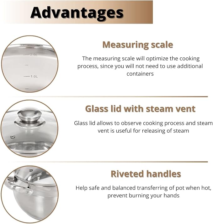 Daniks Classic 6.5 Quart Stainless Steel Stock Pot with Glass Lid, Tri-Ply Bottom for Even Heating, Induction Compatible, Dishwasher Safe