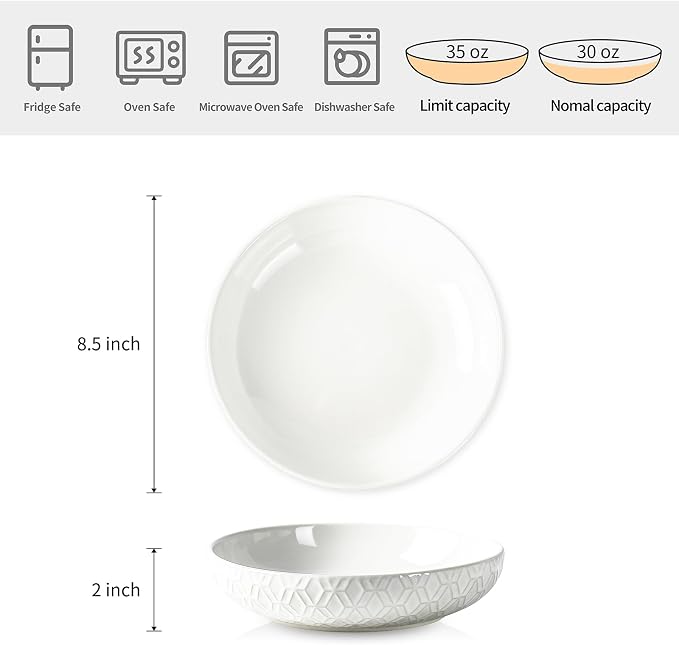 Sureasy Pasta Bowls Set of 4, 30oz Large Ceramic Embossed Bowl Plates, 8.5 Inch Wide and Shallow Plate Bowls, Salad Bowl, Microwave, Oven & Dishwasher Safe, White