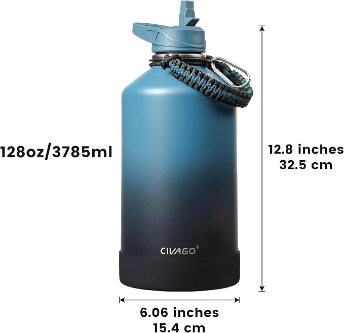 CIVAGO Gallon Insulated Stainless Steel Water Bottle With Straw and 3 Lids | 128 oz Large Metal Water Jug, Big Leakproof Reusable Wide Mouth Thermal Flask with Silicone Boot and Strap, Indigo Black