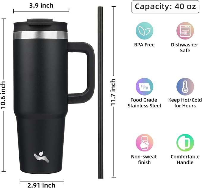 Konokyo 40 oz Insulated Tumbler Water Bottle with Handle, Straw Lid | BPA-free and dishwasher safe; made for gym, travel, coffee and gifting, 2 straws, cup holder friendly,Black