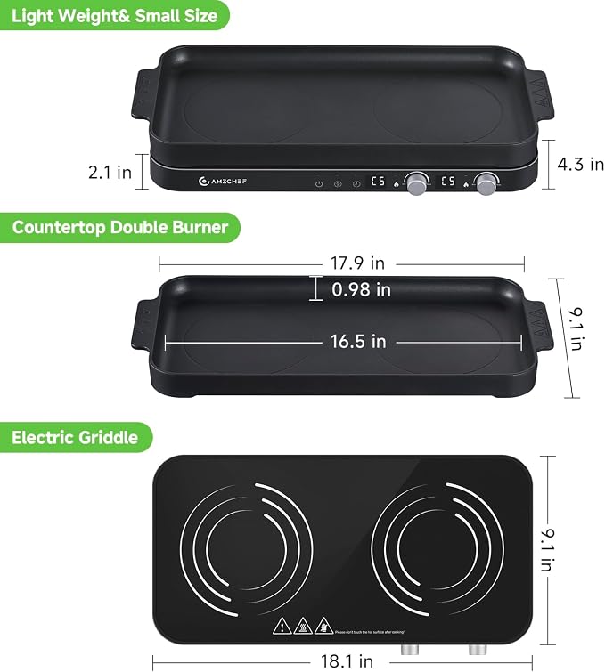 AMZCHEF Double Induction Cooktop with Removable Griddle Pan Non-stick,Black | 1800W 2 burner Portable Induction Stove With Sensor Touch 9 Power Levels, 99 Min Timer, Child Lock, Suitable for Kitchen, BBQ