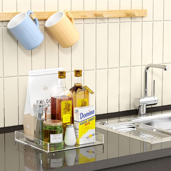 NIUBEE Clear Serving Tray 12x12 Inches -Spill Proof- Acrylic Decorative Tray Organiser for Ottoman Coffee Table Countertop with Handles | Spill-Proof tray for Coffee Table, Ottoman | Decorative Tray for Breakfast in Bed, Drink Serving & Home Organization