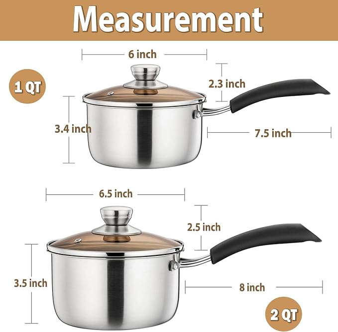 P&P CHEF 1 & 2 Quart Sauce Pan With Lid, Small Pot Saucepan for Milk, 2 Pcs | Stainless Steel Saucepan, Small Sauce Pot for Cooking, Visible Glass Lid & Bakelite Heat-Proof Handles,Dishwasher Safe