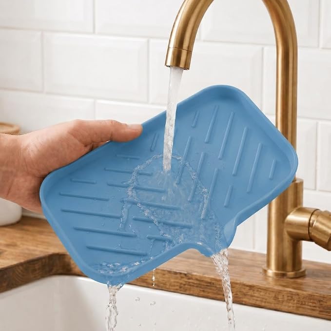 MicoYang Silicone Soap Dish with Drain Spout — Self-Draining Sink Organizer Tray for Bathroom & Kitchen, Sponges, Dispensers & Soap Holder, Non-Slip & Dishwasher Safe, Lichen Blue (Medium, 9.6"×5.3")