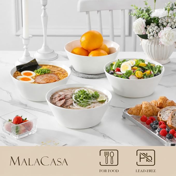 MALACASA 60 OZ Large Salad Soup Bowls Set of 4, White Ceramic Bowls | Deep Bowls for Kitchen, Family Salad, Ramen, Pasta, Pho, Fruit, Microwave & Dishwasher Safe Gift Set, Series REGULAR