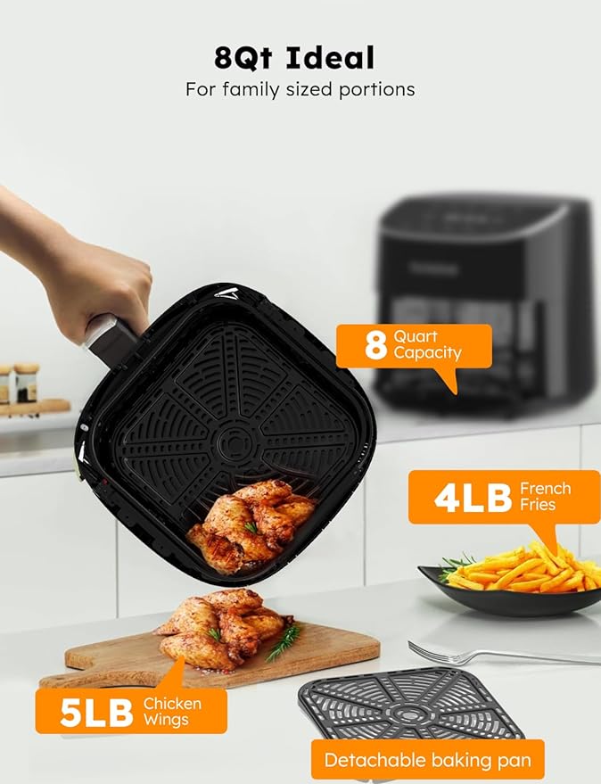 Nuwave Brio Plus 8 Qt Air Fryer, PFAS Free, New & Improved, 50-400°F in 5°F | Digital Touchscreen, Cool White Display, Ceramic Nonstick Coating, 5 Cook Modes, 100 Presets/50 Memory, 700/1500/1800W, Black