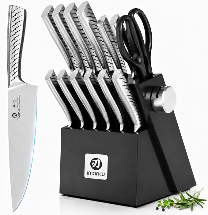 iMarku 14-Piece High-Carbon Stainless Steel Knife Set with Non-Slip Handles | Japanese-style knife set with block and built-in sharpener, distinctive textured finish, and gift box—ideal for gifting.