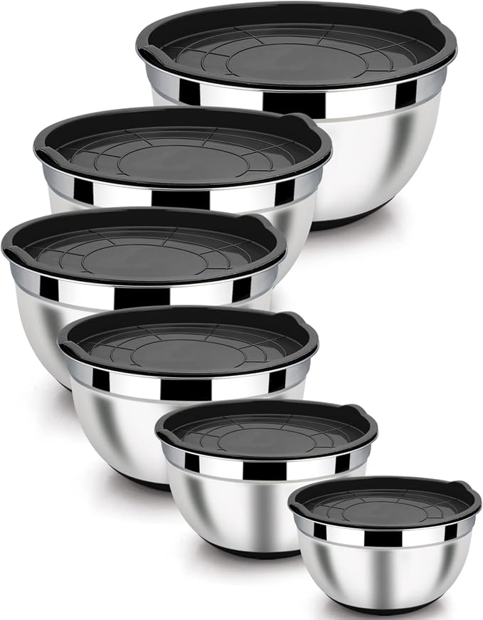 LIANYU Nesting Mixing Bowls Set of 6, Size 7, 3.5, 2.5, 2, 1.5, 1QT | Stainless Steel Large Metal Bowls with Airtight Lids, Ideal for Baking Cooking Food Storage, Non-slip Bottom, Black