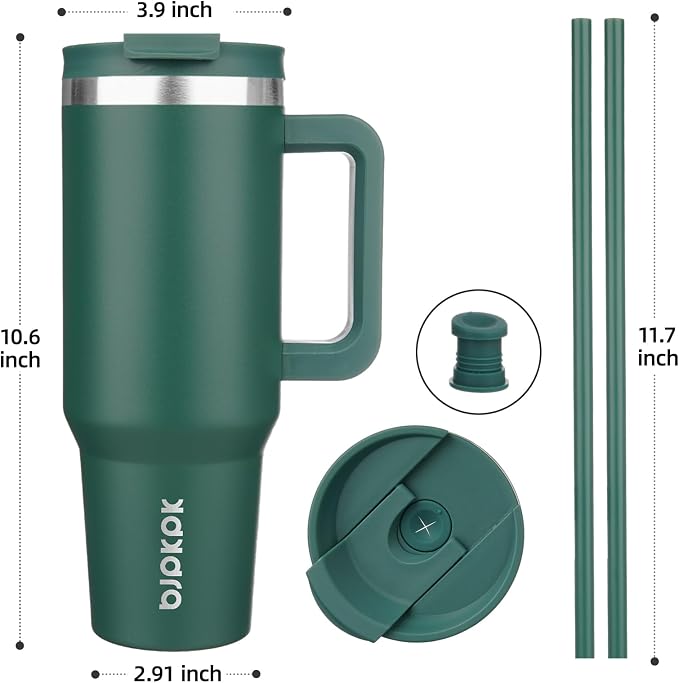 BJPKPK 40 oz Insulated Tumbler with Handle & Straw, Stainless Steel | Double Wall Vacuum Insulation, Leak Proof, BPA Free, Dishwasher Safe, Cupholder Friendly, Travel & Outdoor, Army Green