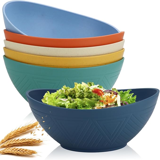 60oz Wheat Straw Bowls Set of 6 Salad Bowls Large Popcorn Bowl Unbreakable Serving Bowls Microwave & Dishwasher Safe Bowl Set Centerpiece Bowls for Kitchen, Party, Decor, Camping (Multi)