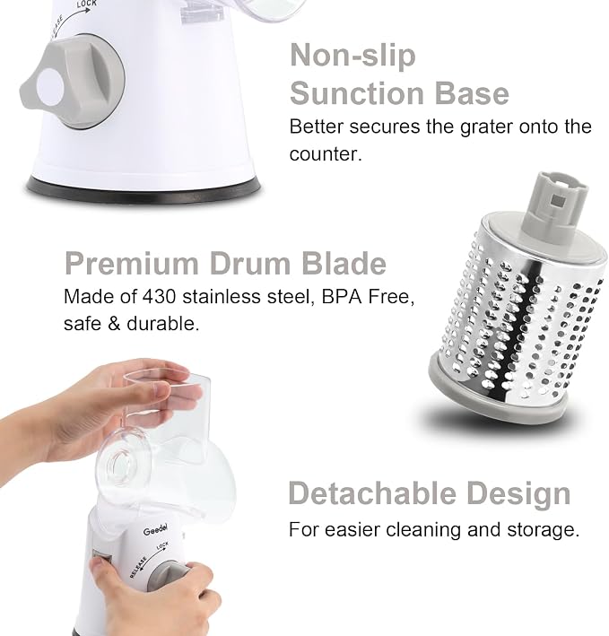 Geedel Rotary Cheese Grater Hand Crank, Cheese Shredder Vegetable Slicer | 3 Blades, 430 Stainless Steel, 12x Fast Cutting, Strong Suction Base, No BPA, Dishwasher Safe, for Cheese, Veggie, Nut