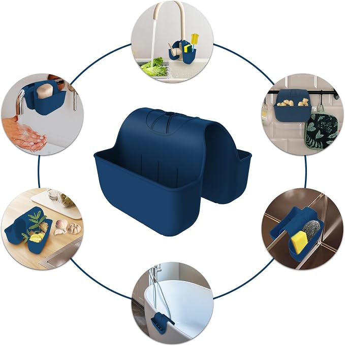 Sponge Holder for Kitchen Sink, Silicone Sink Saddle Caddy Organizer Rack, Sponges Holder Over Faucet, Hanging Kitchen Organizer Accessories Rack Basket - Navy Blue