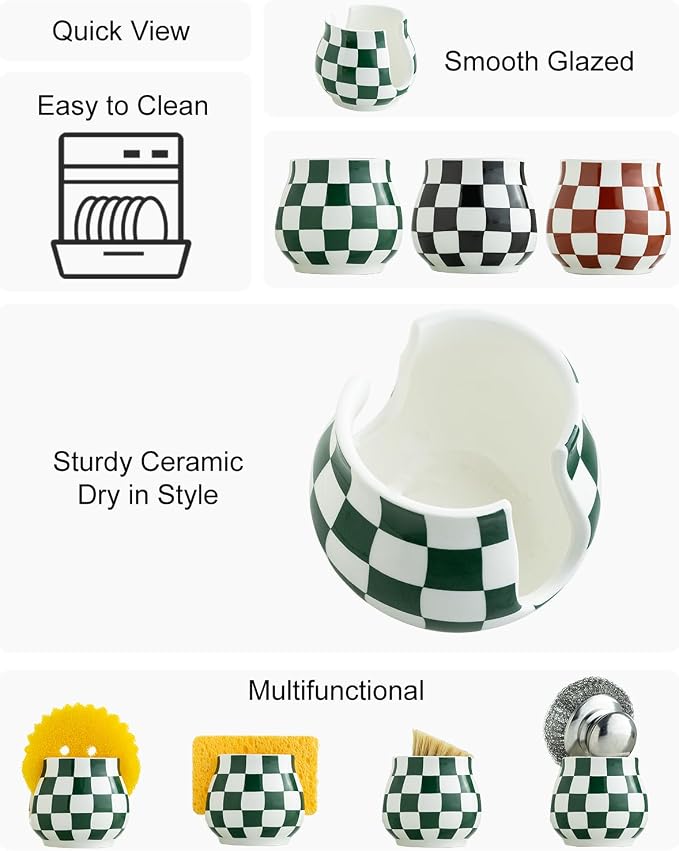 Zoeeker Kitchen Sponge Holder for Sink, Ceramic Checkered Sponge Organizer | Scrubby Caddy Dish Brush Holder Kitchen Storage Accessories for Countertop, Bathroom, Sink, Kitchen Decor, Green and White