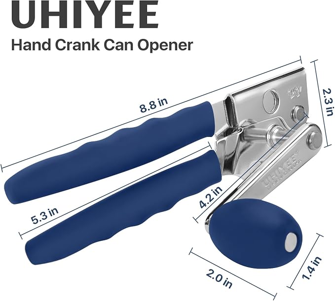 UHIYEE Commercial Can Opener Heavy Duty, Hand Crank for Large Cans, Blue | Manual Can Opener, High-Carbon Blade, Extra-Long Handle, Oversize Knob, Built-in Magnet & Bottle Opener, For #10 Cans