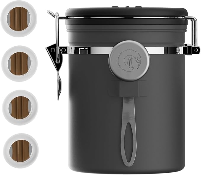 Coffee Gator Stainless Steel Canister - Medium 16oz, Gray Coffee Grounds and Beans Container with Date-Tracker, CO2-Release Valve, and Measuring Scoop - Ideal Coffee Lovers Gifts
