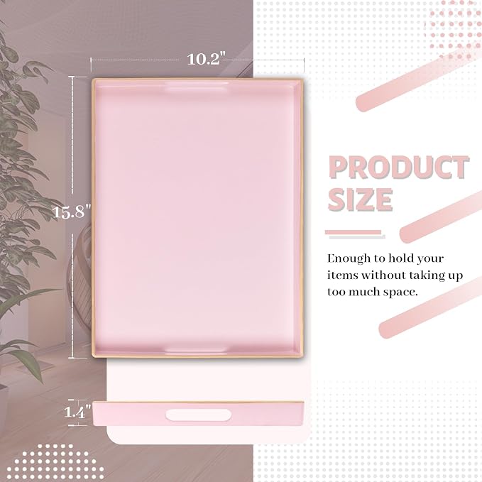 Pink Decorative Tray for Coffee Table, Serving Tray with Handles | Plastic Melamine Tray, Modern Ottoman Tray, Rectangular Countertop Organizer Tray for Living Room, 15.8"L x 10.2"W x 1.4"H